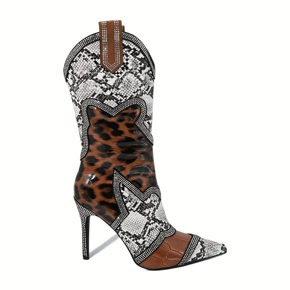 Women's slim high heels, color blocked rhinestones, winter midsole boots - Picture 6 of 7